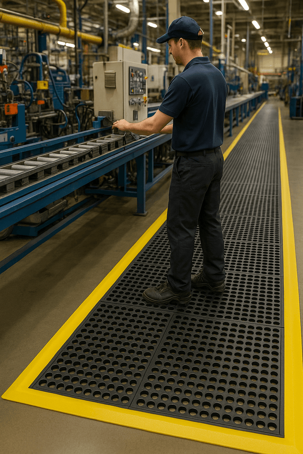 Worker walking on 16mm interlocking rubber link mats with drainage holes; heavy-duty interlocking rubber mats with link-style design and circular drainage holes provide slip-resistant flooring and water drainage in pools, wet areas and industrial environments