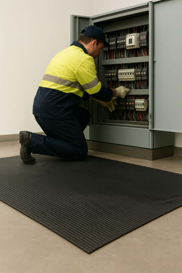 Man kneeling on low-voltage electrical insulation mat (Class 0) at switchboard; IEC 61111 Class 0 rubber safety mat 1 m wide and 3 mm thick, rated to 1 kV with fine-ribbed anti-slip surface for electrical insulation.