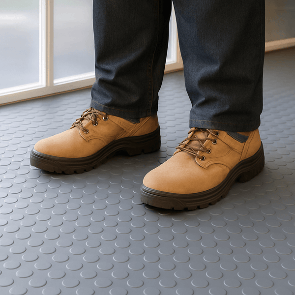 Tan leather work boots standing on grey round-dot rubber flooring; heavy-duty non-slip studded mat ideal for kennels, workshops and industrial environments.