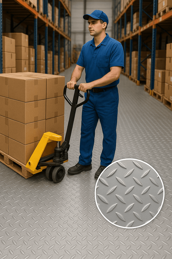 Warehouse worker on grey diamond tread rubber flooring; heavy-duty non-slip matting ideal for workshops, garages and industrial spaces; available in 5m and 10m rolls