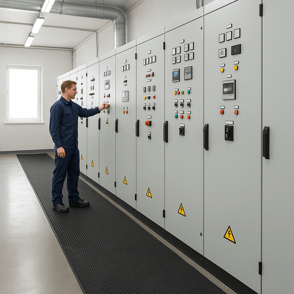 Class 0 electrical safety matting walkway with man working at low-voltage switchgear; 1 kV rated, 3 mm thick, 1 m wide EPDM rubber walkway with fine-ribbed anti-slip surface for electrical insulation in industrial settings