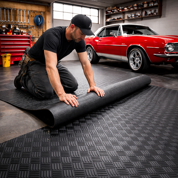 Checker Plate Rubber Flooring Roll UK | 10m Heavy-Duty Non-Slip | 3-4mm Workshop & Garage Matting | Free UK Delivery - Slip Not Co Uk