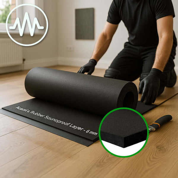 Acoustic soundproof rubber underlay roll; professional-grade high-density barrier mat for floors providing impact and airborne noise reduction up to 78 dB, sold by the linear metre for residential and commercial soundproofing.