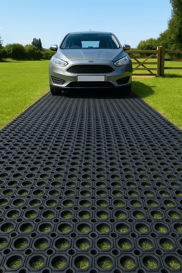Car parked on heavy‑duty 10 m non‑slip rubber grass mat roll used as driveway mat; black open‑ring design provides traction, drainage and mud control for lawn and driveway.