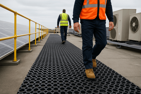 Heavy-duty open ring roof matting walkway with worker walking on rooftop; non-slip durable rubber matting features raised rings and open-grid design for drainage and traction, protecting roof membranes and providing safe walkway across wet areas. Mats measure 22 mm thick and are made from weather-resistant rubber.