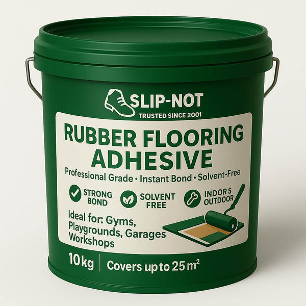 Close-up of Slip-Not commercial rubber flooring adhesive bucket for heavy-duty outdoor installation, providing high-performance weatherproof glue for concrete, asphalt and rubber surfaces.