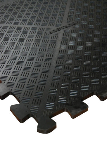 Black interlocking rubber gym mat with anti-slip chequered pattern, part of Durasof heavy-duty mats for shock absorption and durability.