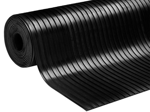Broad ribbed rubber matting roll with slip-resistant surface. Heavy duty, durable, easy to clean. Ideal for workshops, gyms, stables & high-traffic areas