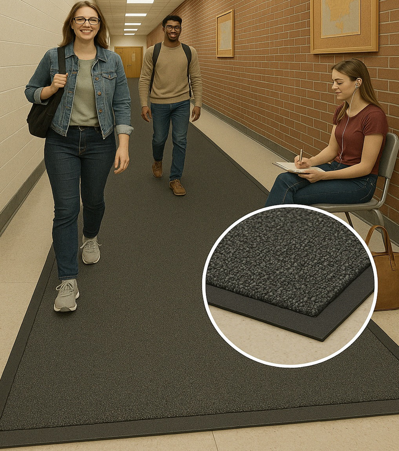 Heavy-duty non-slip rubber runner installed in a school corridor with students walking; ribbed texture channels water and provides grip; protects floors from slips and stains in busy commercial spaces.