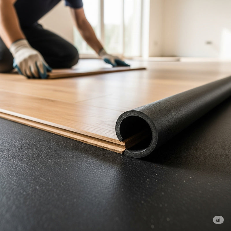 Close-up of SilentCloud 6mm acoustic underlay foam strip being installed beneath wooden flooring; installer kneels in background; design reduces impact noise up to 74 dB and improves acoustic comfort