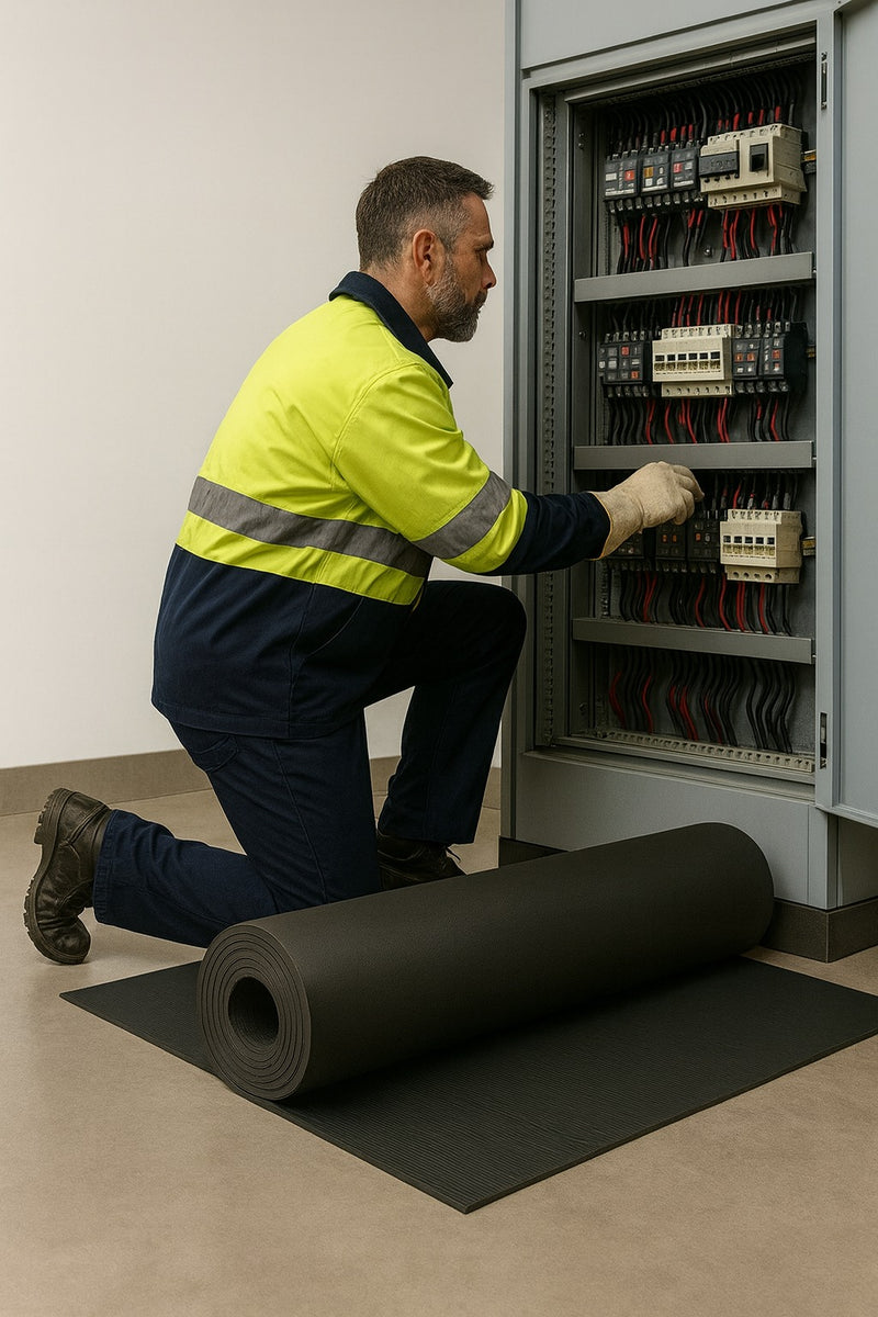 Man kneeling next to unrolled Class 0 electrical insulation mat roll at switchboard; IEC 61111 Class 0 low-voltage insulation mat, 1 m wide and 3 mm thick, rated to 1 kV, EPDM rubber matting sold per metre for safe electrical insulation and slip-resistant safety.