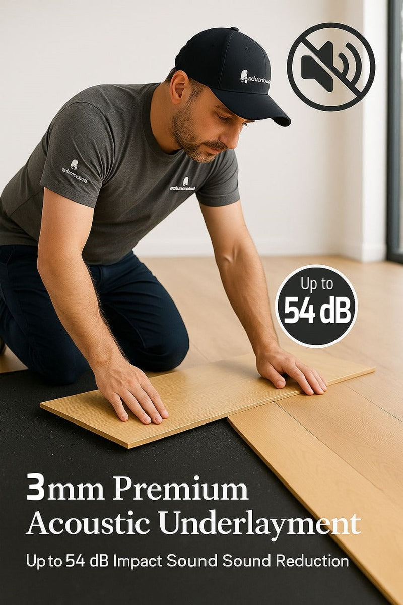 Person installing Rubber Acoustic Underlay – Up to 54 dB Impact Noise Insulation 3mm beneath wood-look planks, highlighting its soundproof and acoustic noise reduction capabilities for effective floor protection.