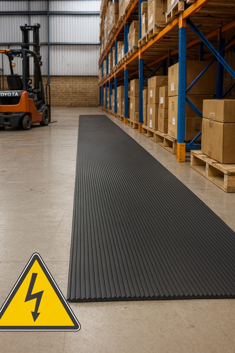 Long warehouse aisle covered with ribbed low-voltage electrical insulation mat (Class 0) with forklift and yellow hazard sign; 1 m wide, 3 mm thick EPDM rubber walkway rated to 1 kV for electrical insulation and slip-resistant safety in industrial aisles.