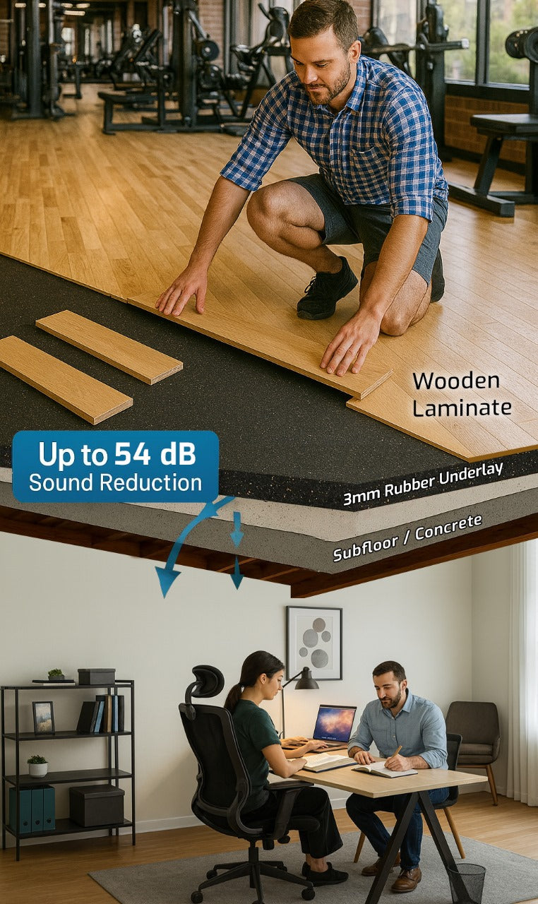 Rubber Acoustic Underlay – Up to 54 dB Impact Noise Insulation 3mm: Illustration shows installation over concrete with soundproofing layers, highlighting acoustic performance and noise reduction in gym-to-office setting.