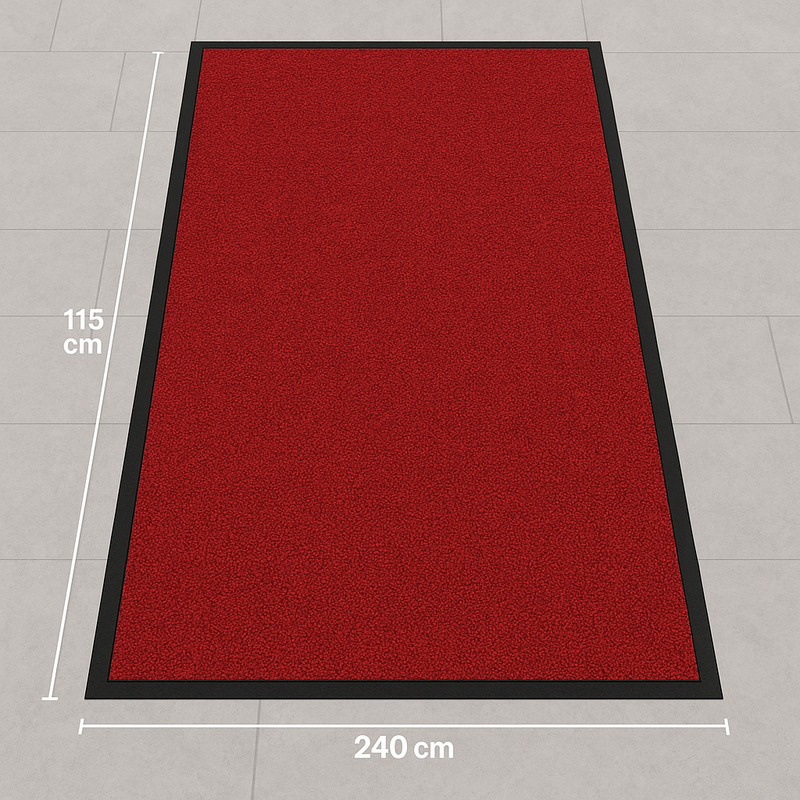 Slip Not red heavy-duty entrance mat with black border, measuring 115 cm by 240 cm on gray tile floor.