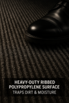 Vertical view of heavy-duty ribbed polypropylene entrance mat with polished shoe; grooves trap dirt and moisture and improve traction, ideal for commercial entrances