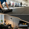 Split image showing installer rolling out SilentCloud recycled rubber acoustic underlay in a gym; cross-section view of living room floor with 6mm underlay and text highlighting up to 74 dB sound reduction.