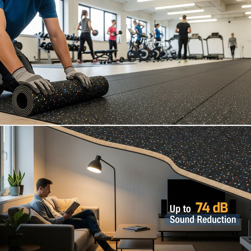 Split image showing installer rolling out SilentCloud recycled rubber acoustic underlay in a gym; cross-section view of living room floor with 6mm underlay and text highlighting up to 74 dB sound reduction.