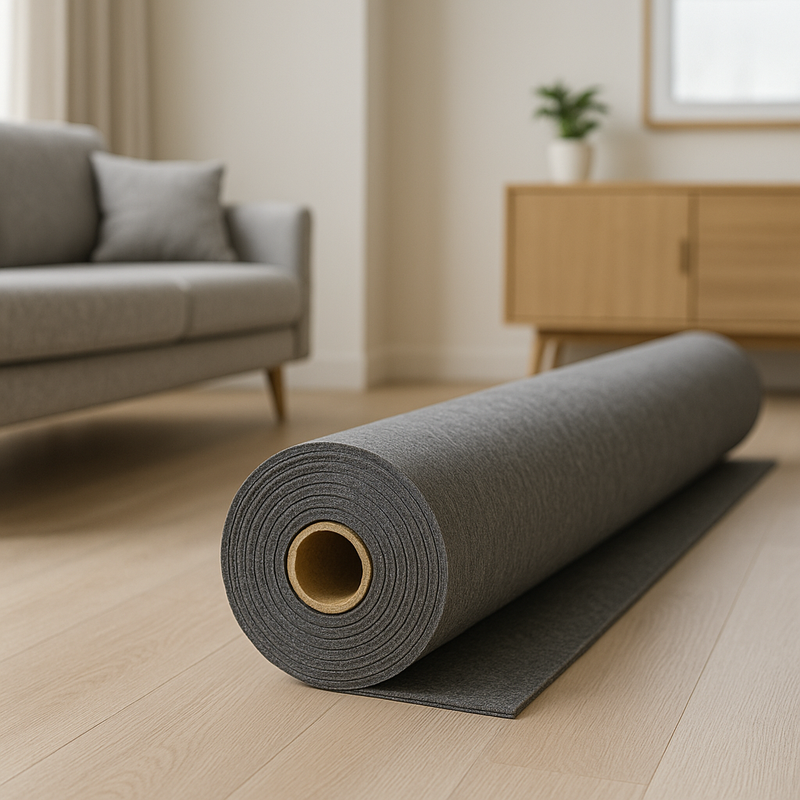 Flame-retardant carpet underlay roll unrolled in a modern living space, showing dark-grey 6 mm cushioning for marine and domestic use.