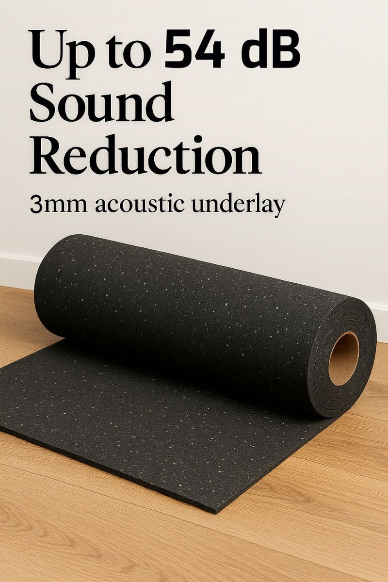 Roll of black, speckled Rubber Acoustic Underlay – Up to 54 dB Impact Noise Insulation 3mm, laid on a wooden floor, emphasizing its slim profile and soundproofing capabilities, ideal for acoustic and noise reduction applications.