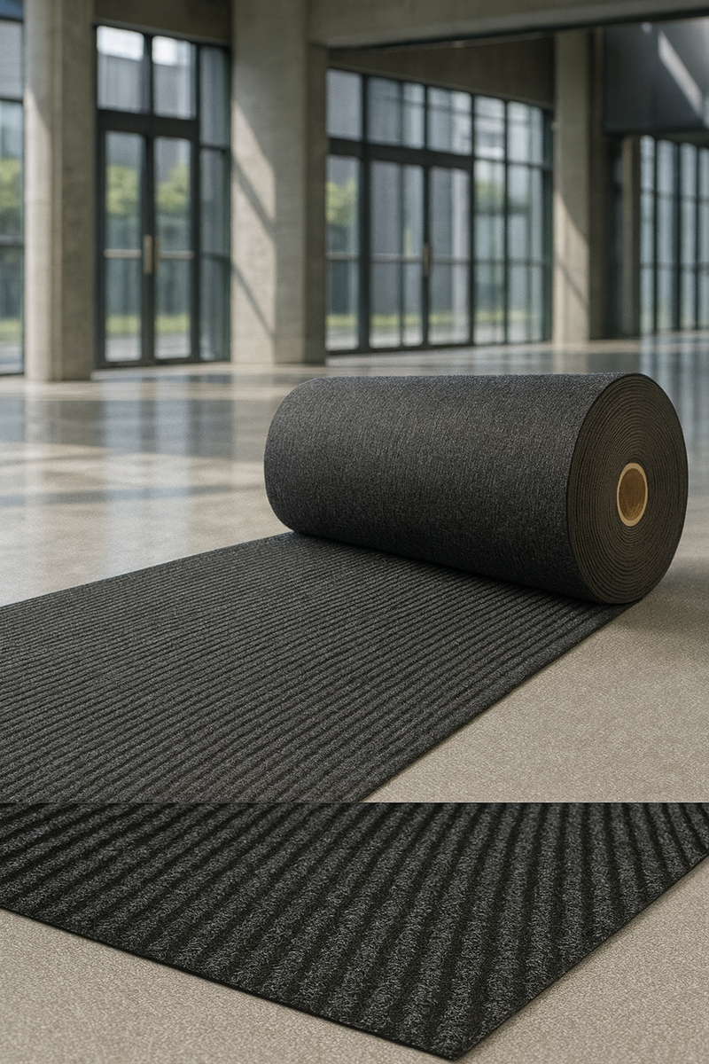 Rolled heavy-duty anthracite entrance mat unrolled on polished lobby floor with glass walls; ribbed surface channels dirt and moisture and protects flooring in busy commercial buildings