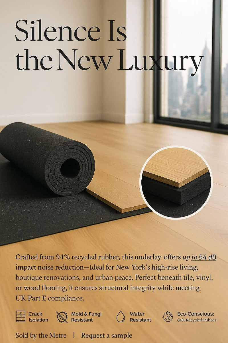 Recycled Rubber Acoustic Underlay being unrolled beneath a hardwood plank. Highlights: up to 54 dB impact noise reduction, 94% recycled content, mold resistance, CE marked. Ideal for soundproofing and acoustic insulation.