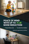 Infographic showing child playing on wooden floor and adult working in home office separated by SilentCloud 6mm acoustic underlay; overlay text highlights peace of mind, up to 74 dB noise reduction, durable rubber, and suitable for apartments and offices.
