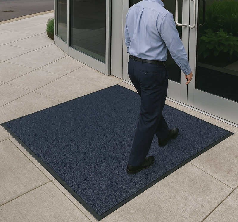Blue heavy-duty entrance mat installed outside glass doors with person walking across; textured surface absorbs dirt and moisture and provides non-slip traction; protects entrance flooring in busy commercial spaces.