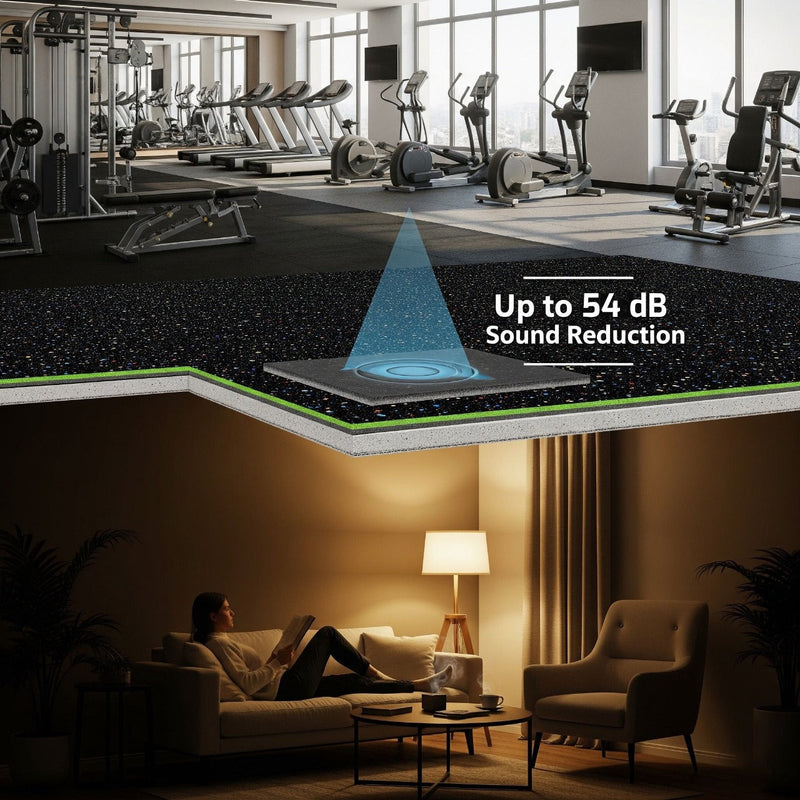 Rubber Acoustic Underlay – Up to 54 dB Impact Noise Insulation 3mm: Cut-away diagram shows gym flooring on sound-isolation underlayment, displaying superior soundproofing, ideal for minimizing noise transfer to living spaces below.