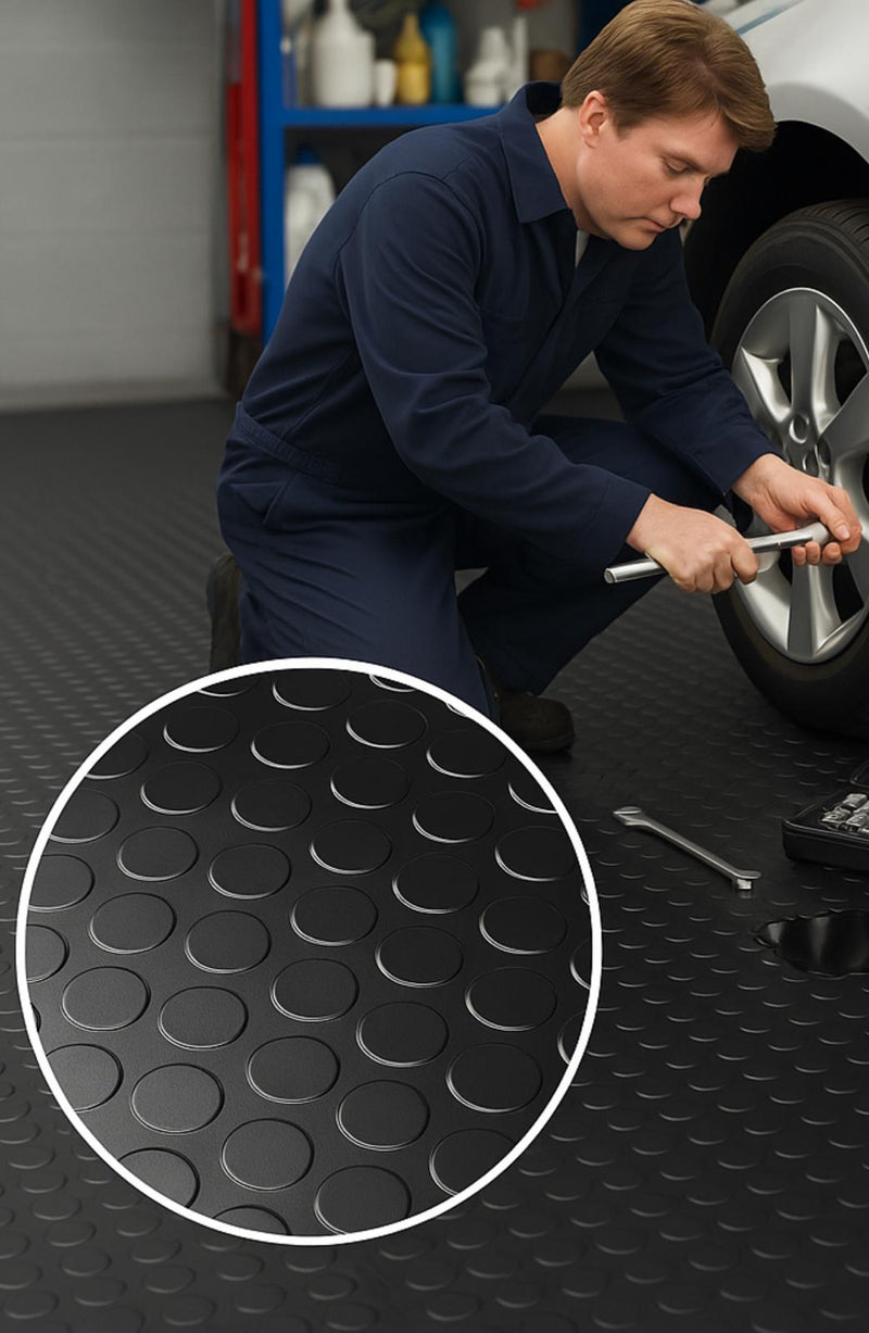 Non-Slip Rubber Flooring Roll – Studded Penny Dot Pattern, Heavy-Duty Garage & Workshop Matting ( 2 m Wide) - Slip Not Co Uk