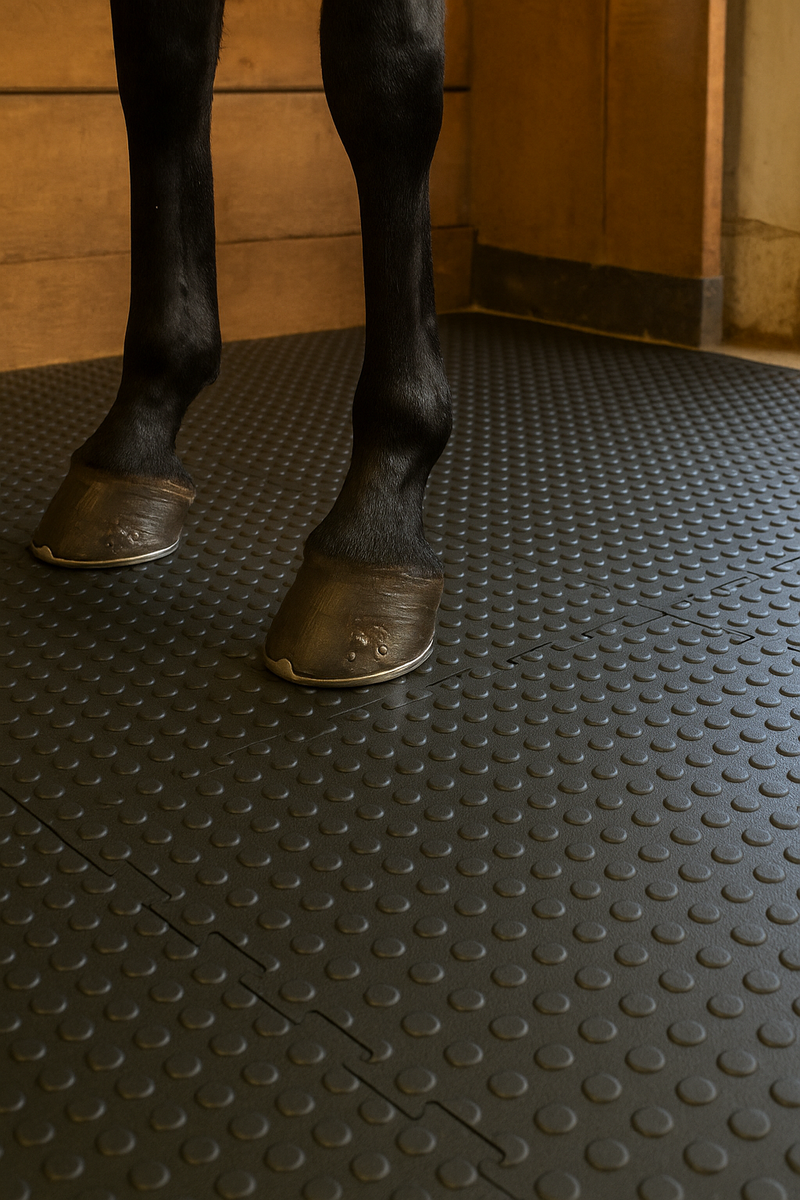 Interlocking studded walkway mat with horse hooves standing on rubber tile; heavy-duty natural rubber/SBR puzzle mat tile with coin stud pattern providing non-slip traction and cushioning for stables, kennels, animal pens and industrial walkways. Measures 1 m × 1 m and 17 mm thick.