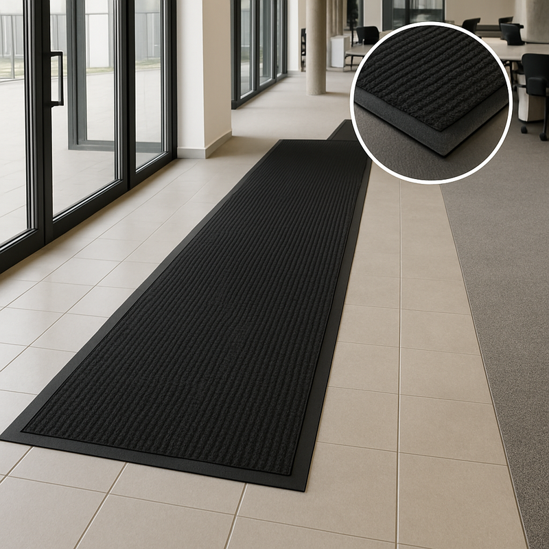 Commercial corridor with long non-slip rubber runner; inset highlights ribbed surface that channels water and traps dirt; protects tile floor and reduces slips in busy workplaces.