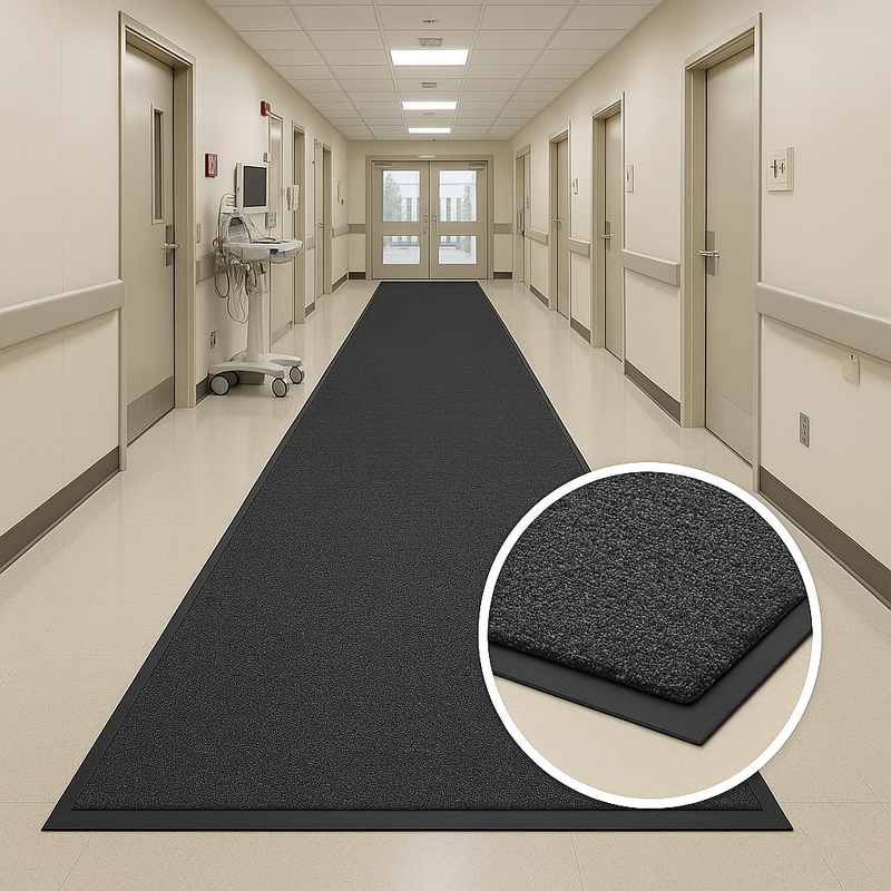 Long heavy-duty non-slip rubber runner installed in a hospital corridor with medical equipment and multiple doors; ribbed surface channels water and dirt; inset shows close-up capturing moisture and improving traction; protects floors and reduces slips in busy healthcare facility.