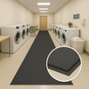 Long non-slip rubber runner in a laundry room with washing machines and baskets; close-up inset shows ribbed surface that channels water and traps dirt, protecting tile floor in busy utility area.