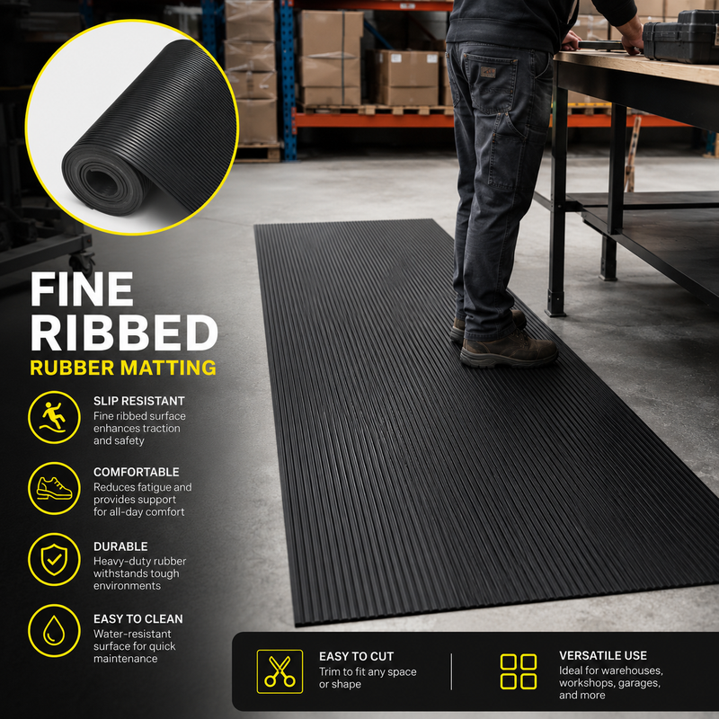 Ribbed Rubber Matting Roll | Heavy-Duty Garage & Workshop Flooring | 3mm-10mm | Non-Slip Oil-Resistant | 0.9m-2m Wide x 10m