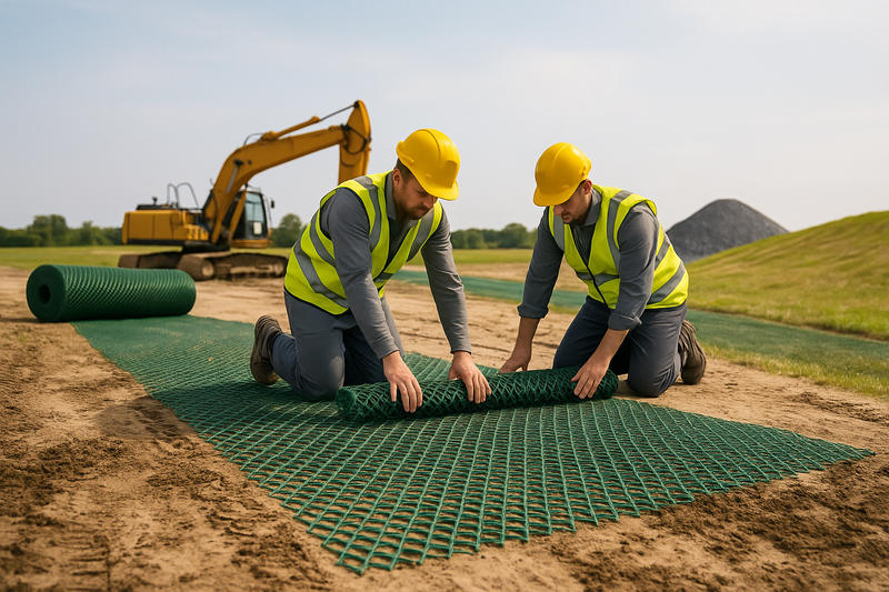 Workers installing heavy-duty grass protection mesh; reinforced turf mat for car parks, lawns and driveways.