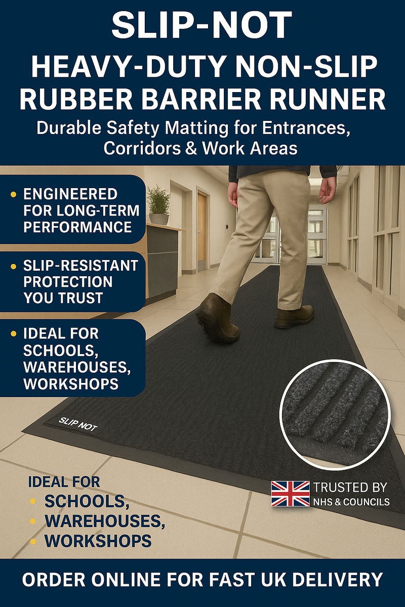 Infographic showing heavy-duty non-slip rubber runner in corridor; callouts highlight long-term durability, slip-resistant protection and suitability for schools, warehouses and workshops; durable rubber mat captures dirt and moisture and provides traction.