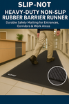 Slip-Not promotional poster showing heavy-duty non-slip rubber barrier runner; person steps onto mat in lobby; inset close-up highlights ribbed texture that traps dirt and moisture and improves traction.