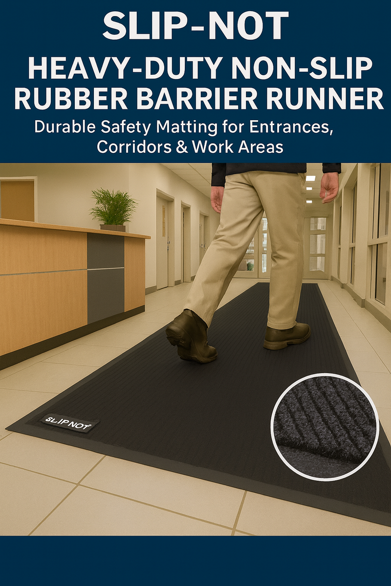 Slip-Not promotional poster showing heavy-duty non-slip rubber barrier runner; person steps onto mat in lobby; inset close-up highlights ribbed texture that traps dirt and moisture and improves traction.