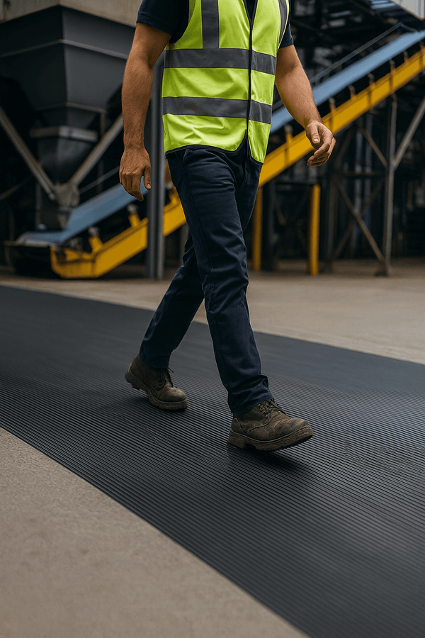 Premium fine ribbed anti-slip rubber matting in industrial setting; high-quality heavy-duty mat roll with raised ribs providing superior grip and durability for safe slip-resistant flooring. Available in 3 mm and 6 mm thicknesses for factories, ramps and high-traffic areas.