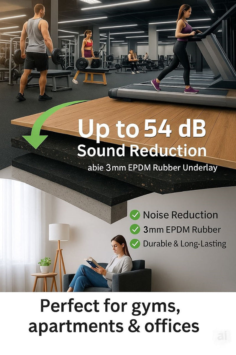 Rubber Acoustic Underlay – Up to 54 dB Impact Noise Insulation 3mm: Featuring gym and home settings, this soundproof underlay offers acoustic insulation, noise reduction, and durability, ideal for gyms, apartments, and offices.