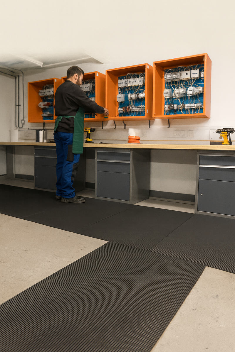 Class 0 electrical safety matting walkway with electrician working in workshop; non-conductive EPDM rubber mats joined to cover floor for low-voltage insulation, 1 m wide and 3 mm thick with fine-ribbed anti-slip surface for safe footing and electrical insulation.