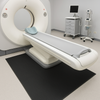 Class 0 electrical safety matting under medical imaging equipment; low-voltage EPDM rubber mat placed beneath CT scanner table for electrical insulation and slip-resistant surface, 1 m wide and 3 mm thick, providing safe footing in hospital diagnostic room.