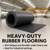 Heavy-duty rubber flooring roll in industrial warehouse with text about anti-fatigue and durability under heavy use