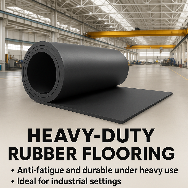 Heavy-duty rubber flooring roll in industrial warehouse with text about anti-fatigue and durability under heavy use