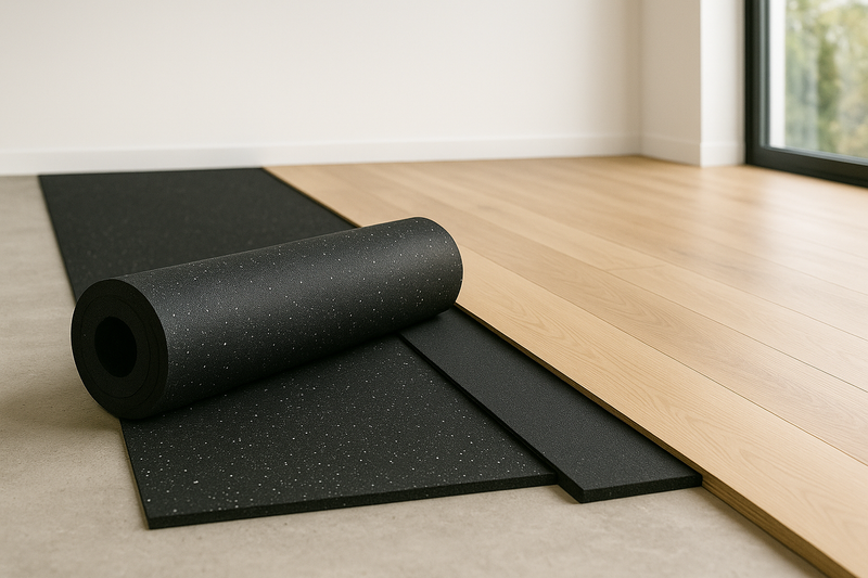6 mm acoustic rubber underlay roll on wooden floor ready for installation; recycled rubber roll showing thickness and texture, used for impact and airborne sound insulation with up to 74  dB noise reduction.