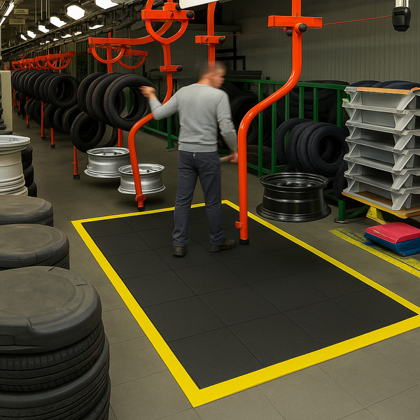 Worker standing on anti-fatigue mat at workstation