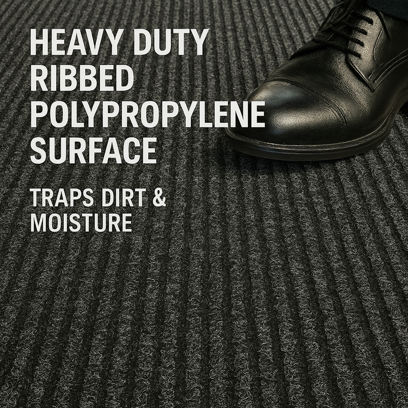 Close-up of heavy-duty ribbed polypropylene entrance mat with polished shoe stepping; grooves trap dirt and moisture and improve traction