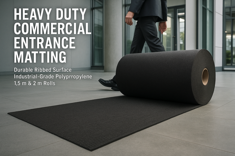 Heavy-duty commercial entrance mat partially unrolled on polished lobby floor; man in suit walking beside; ribbed polypropylene surface traps dirt and moisture and offers traction; available in 1.5 m and 2 m rolls