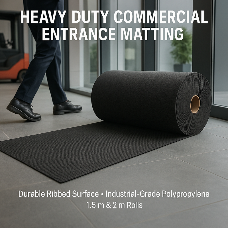 Heavy-duty commercial entrance matting roll on office lobby floor; person in formal shoes walking by; durable ribbed polypropylene surface protects floors and traps dirt, available in 1.5 m and 2 m rolls